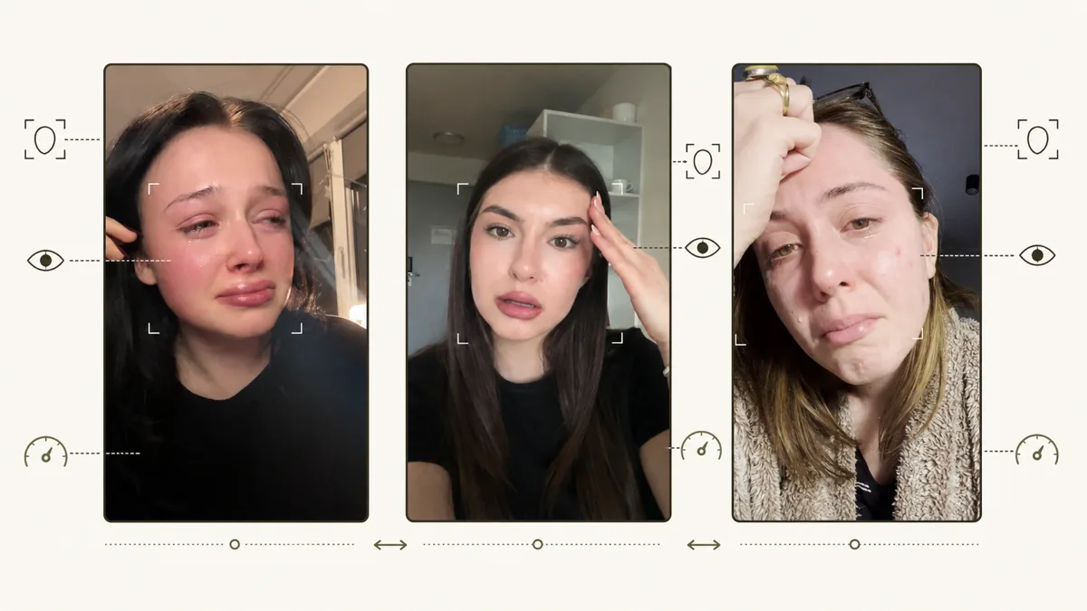 Three real DansUGC creator reaction frames showing different emotional intensity and eyeline choices